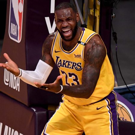 LeBron James of the Lakers reacts to referee Scott Foster
