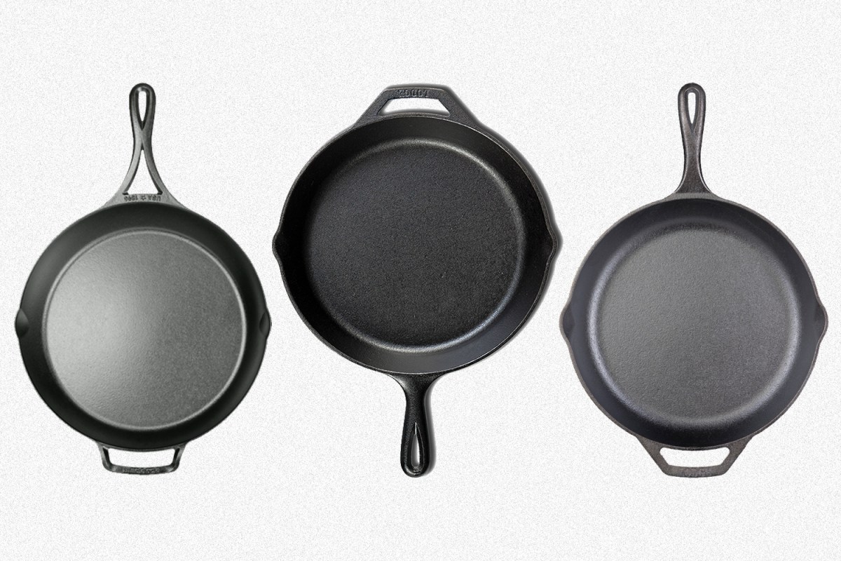 Three black Lodge cast-iron skillets on sale during the Williams Sonoma Warehouse Sale, including the classic pan, Chef Collection skillet and Blacklock pan