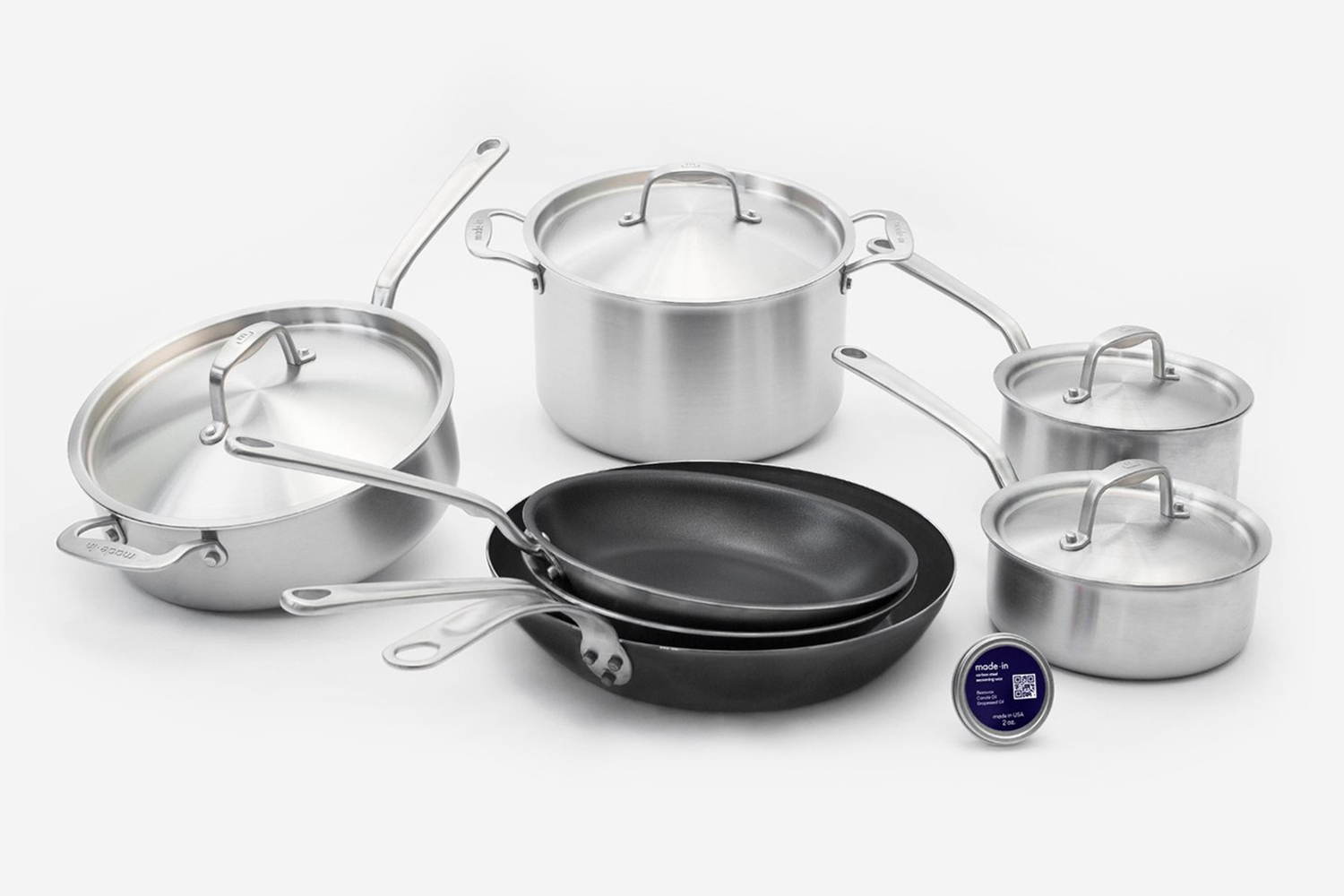 The Sous Chef Cookware Set from Made In, which includes stainless steel, blue carbon steel and nonstick pots and pans