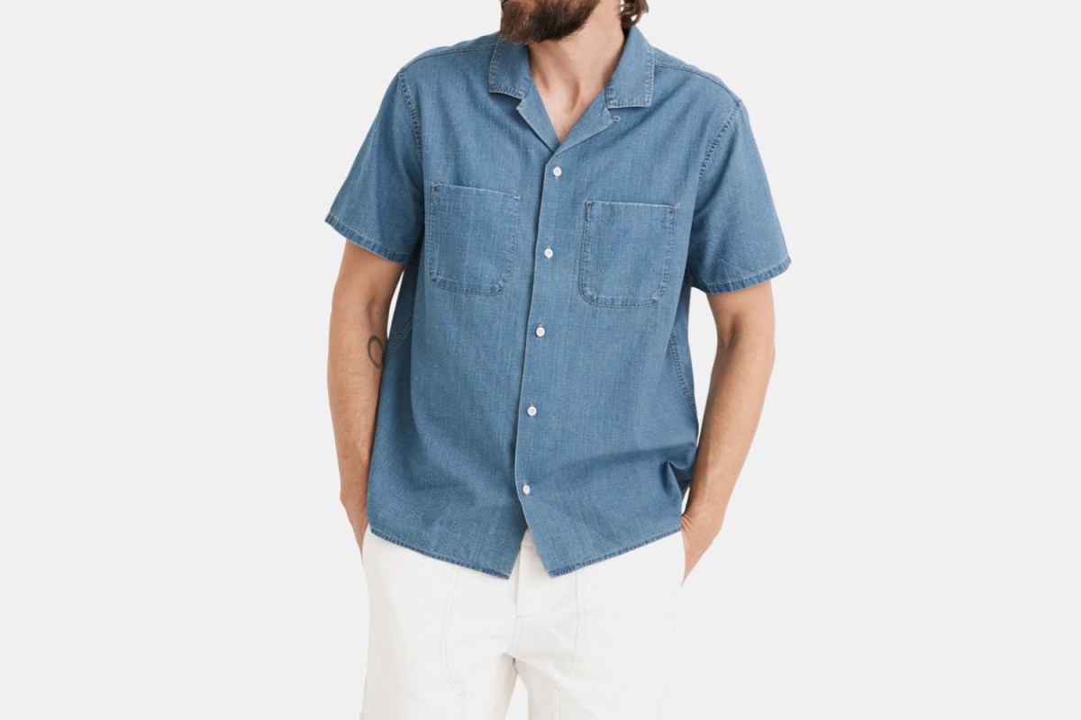 The men's Ticking Stripe Indigo Easy Camp Shirt from Madewell, which is currently on sale at Nordstrom