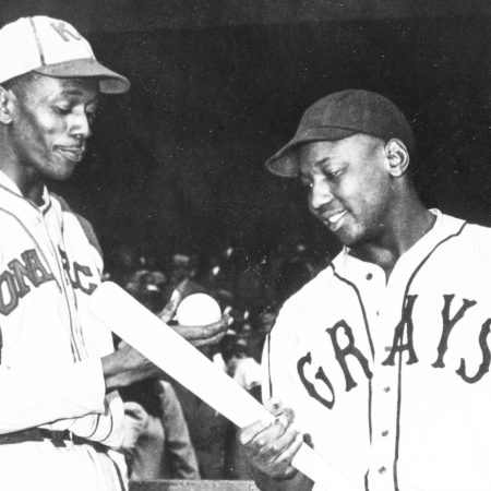 Pro baseball players Satchel Paige and Josh Gibson of the Negro Leagues