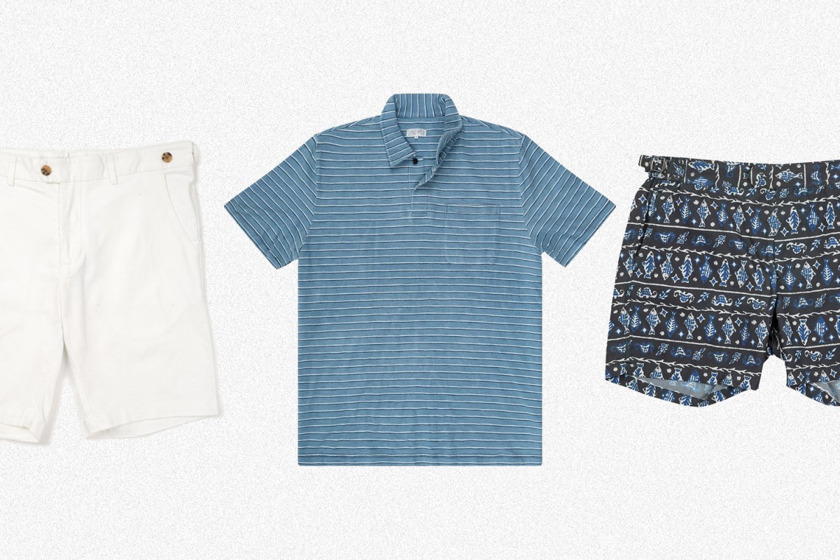 White chino shorts, an indigo polo shirt and swim trunks from Quaker Marine Supply Co., discounted during the Summer Sale