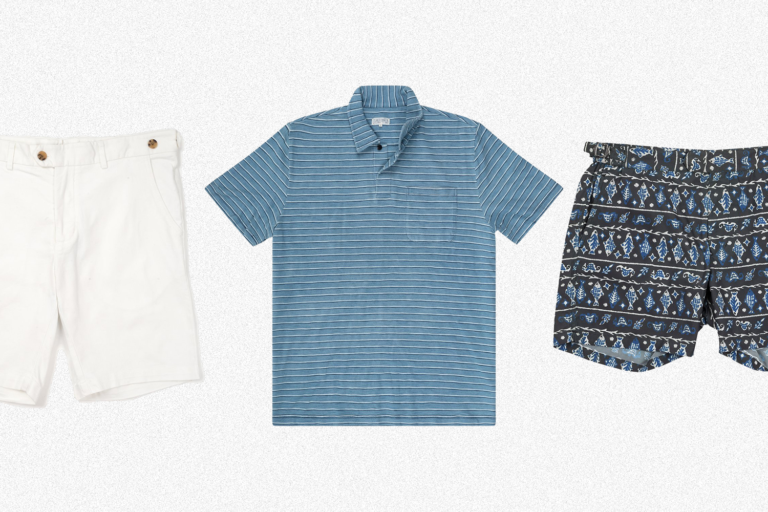 White chino shorts, an indigo polo shirt and swim trunks from Quaker Marine Supply Co., discounted during the Summer Sale