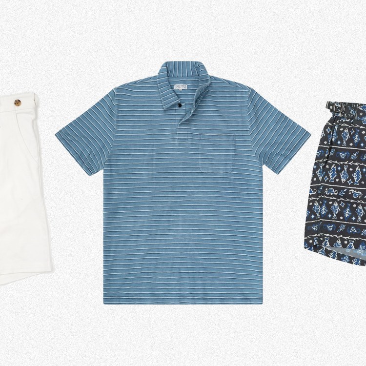 White chino shorts, an indigo polo shirt and swim trunks from Quaker Marine Supply Co., discounted during the Summer Sale