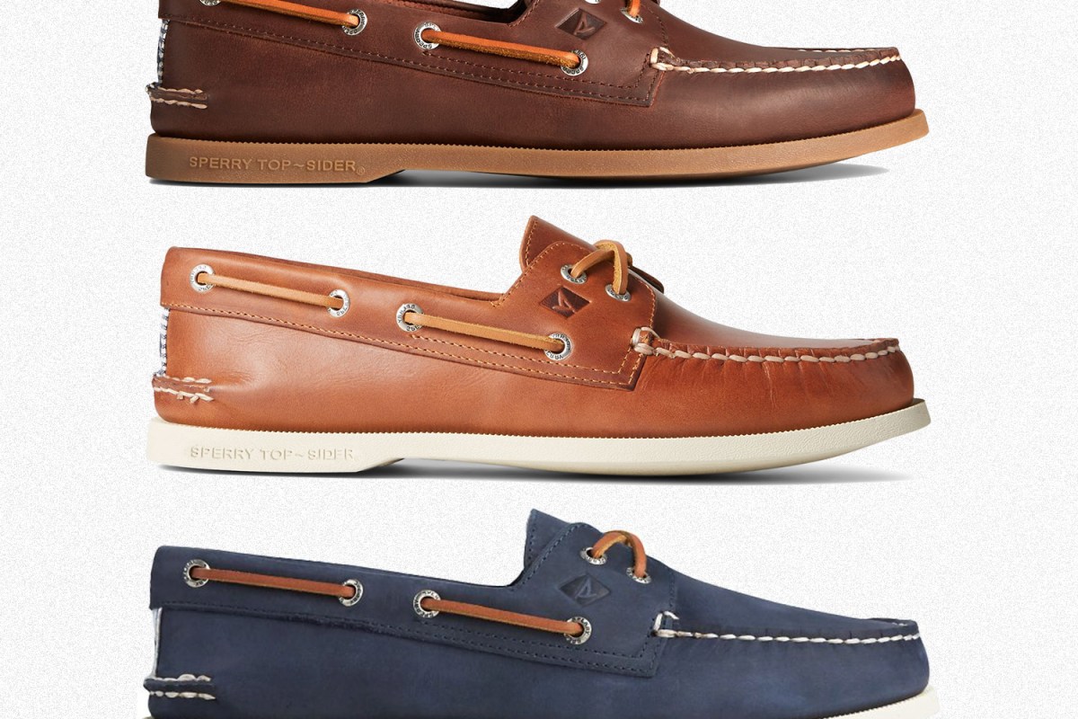 Three pairs of Sperry Authentic Original Top-Sider boat shoes in brown and blue leather