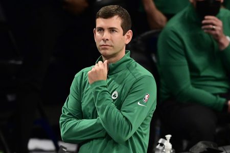 Brad Stevens of the Boston Celtics looks on against the Brooklyn Nets.