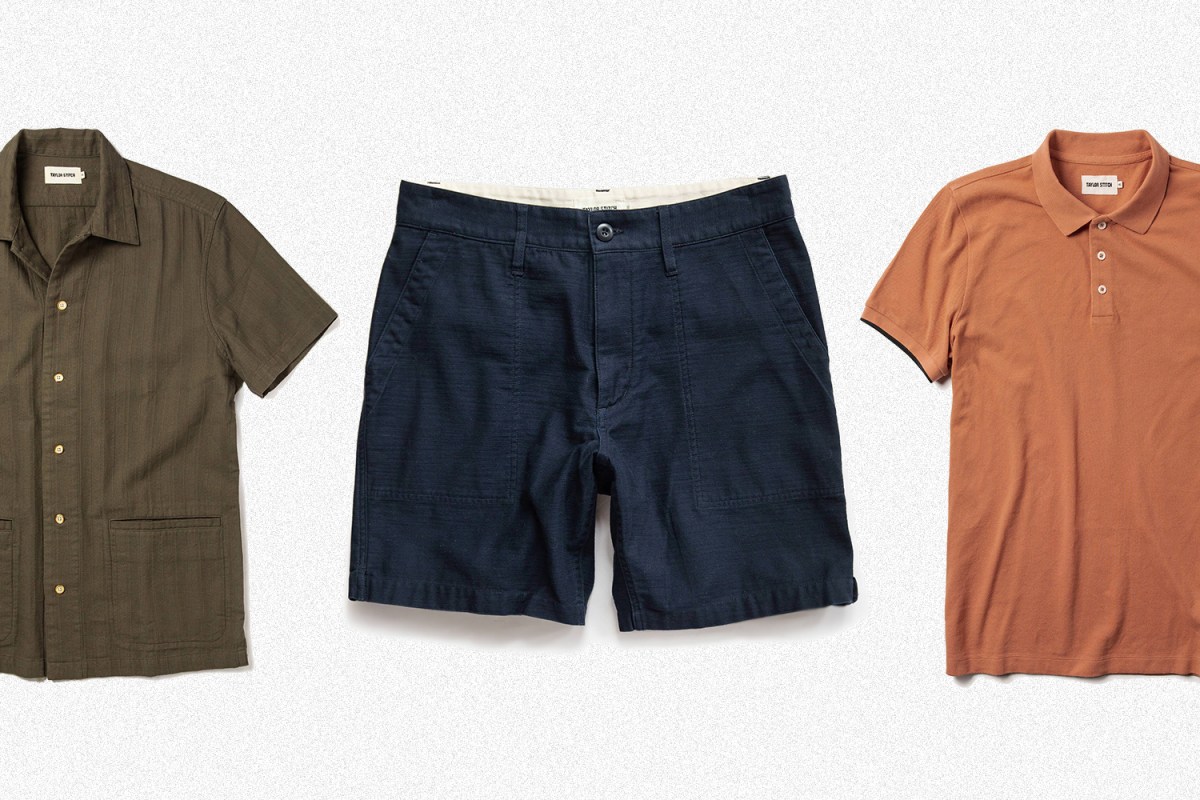 A green vacation shirt, navy trail shorts and coral polo from menswear brand Taylor Stitch