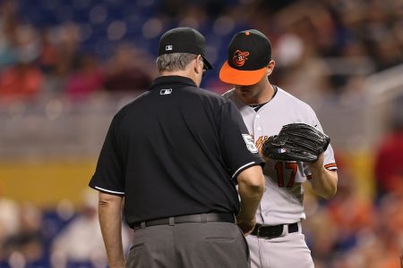 Brian Matusz is ejected by the umpire for having a foreign substance on his arm in 2015