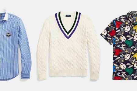 A button-down, cable-knit sweater and short-sleeve shirt from the new Wimbledon x Polo Ralph Lauren collection