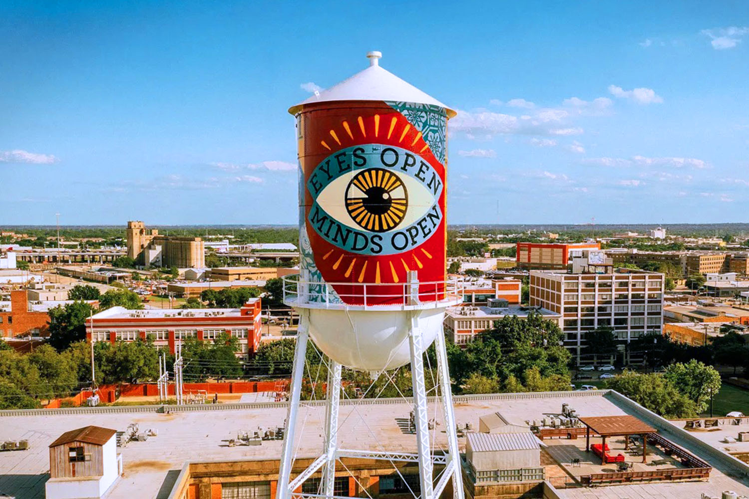 Shepard Fairey's mural "Eyes Open, Minds Open" in Dallas