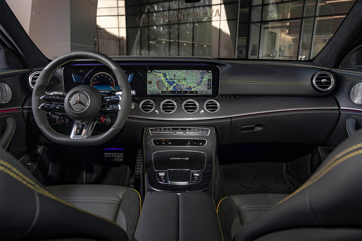 The dash inside the new 2021 Mercedes-AMG E63 S 4MATIC Station Wagon. A little overkill, but still a great driving experience.