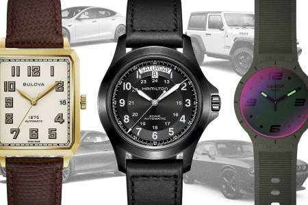 Watches from Bulova, Hamilton and Swatch overlaid over cars from Tesla, Jeep, Dodge and BMW. They're all part of our favorite watch and car pairings.
