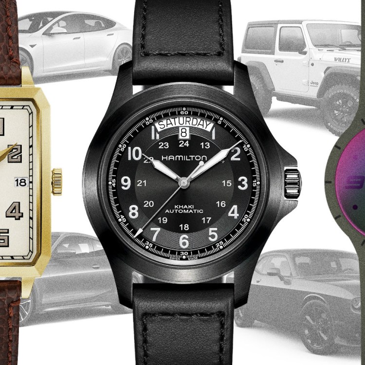 Watches from Bulova, Hamilton and Swatch overlaid over cars from Tesla, Jeep, Dodge and BMW. They're all part of our favorite watch and car pairings.