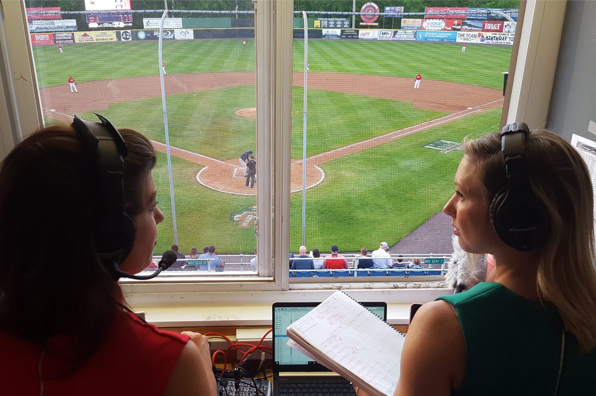 Broadcasters Melanie Newman and Suzie Cool of the Salem Red Sox, single-A affiliate of the Boston Red Sox, prior to a Carolina League game on April 24, 2019 against the Potomac Nationals, single-A affiliate of the Washington Nationals, at Northwest Federal Field at Pfitzner Stadium in Woodbridge, VA.
