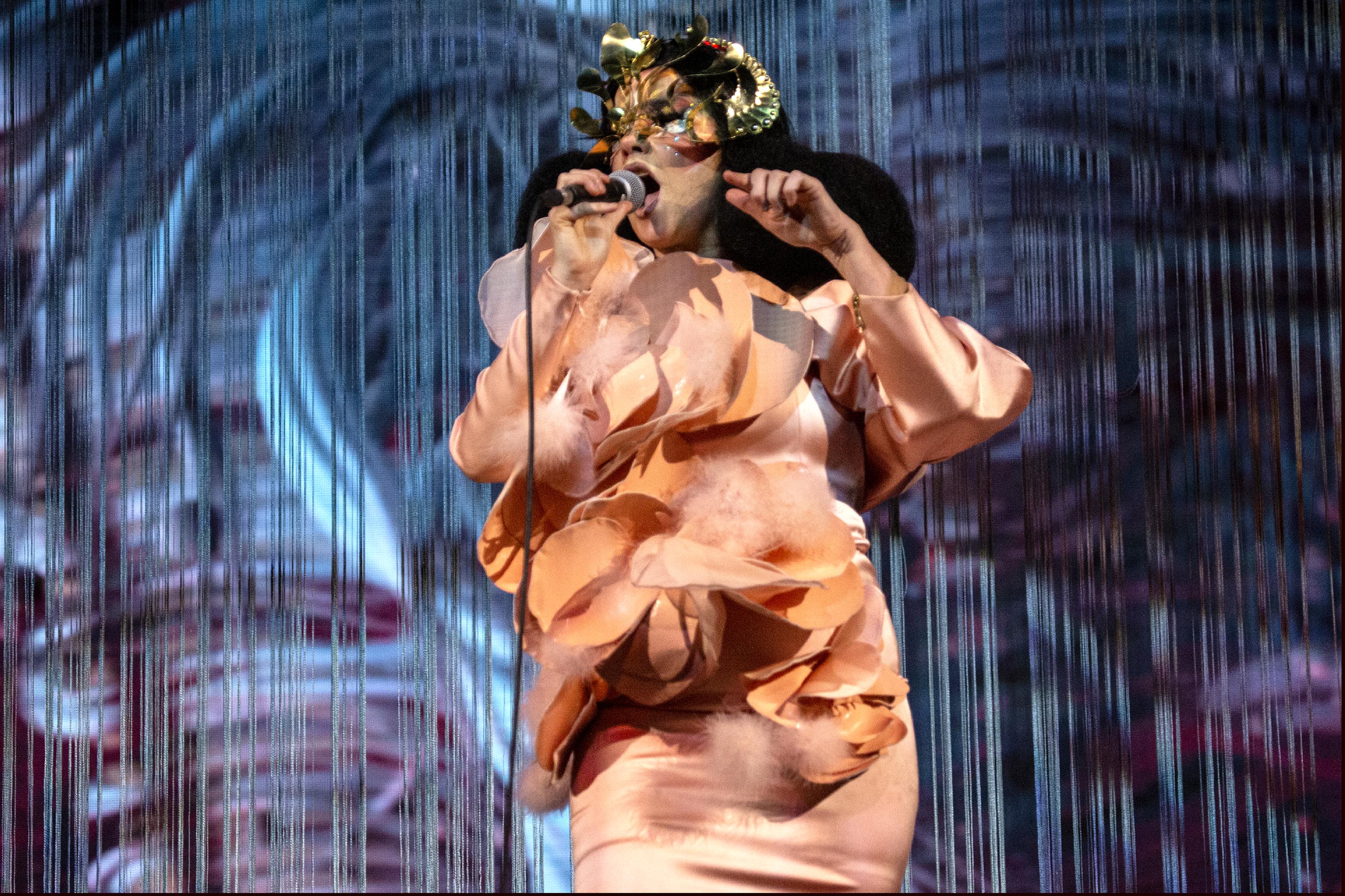 Björk performs onstage during her "Cornucopia" tour at The O2 Arena on November 19, 2019 in London, England.