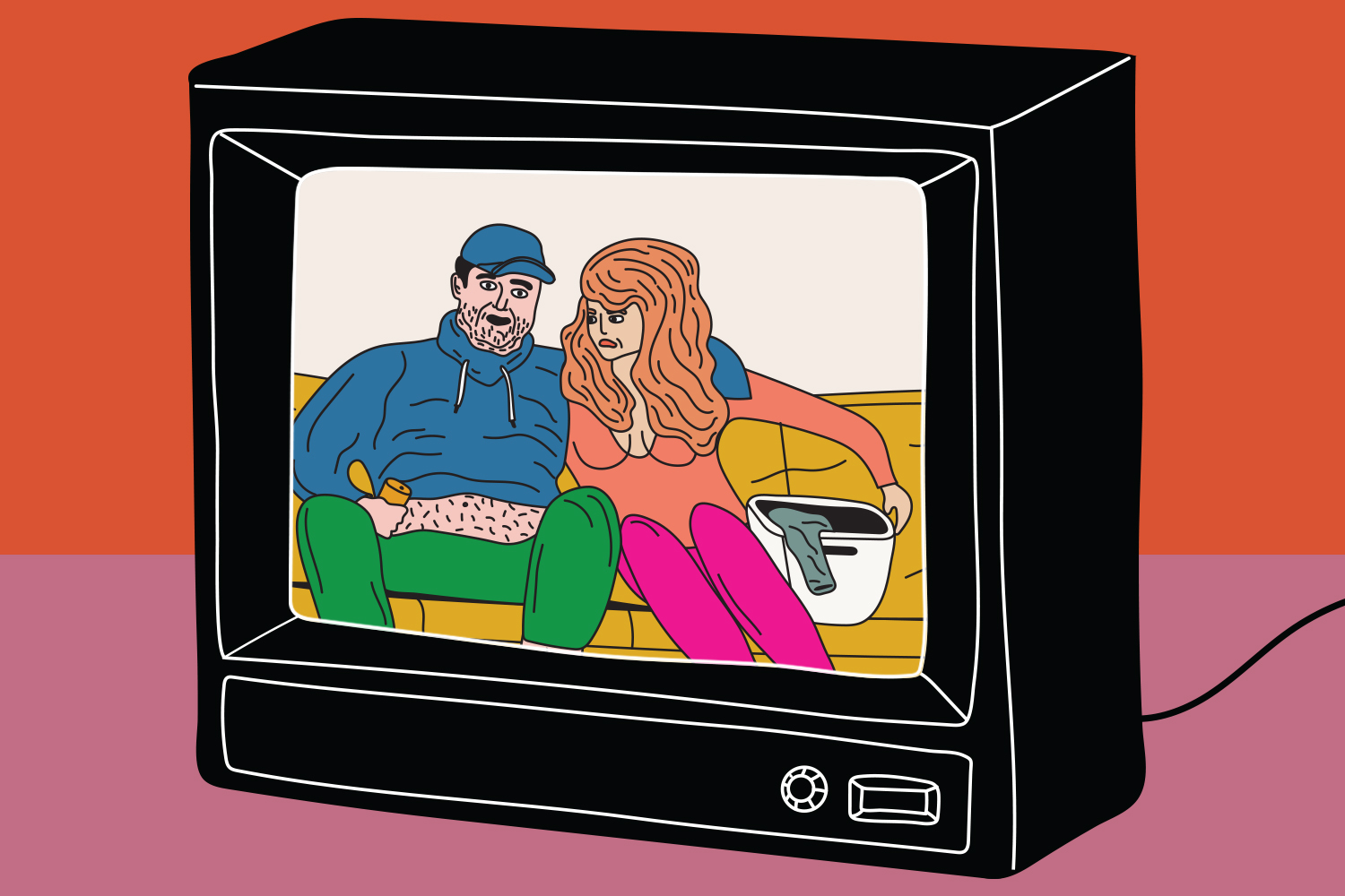 illustration shows TV screen featuring a man and woman sitting on sofa