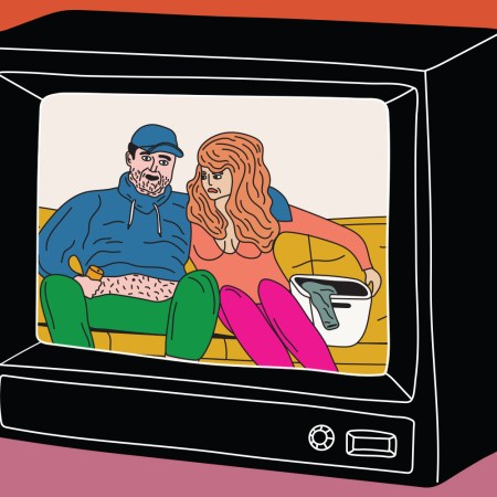 illustration shows TV screen featuring a man and woman sitting on sofa