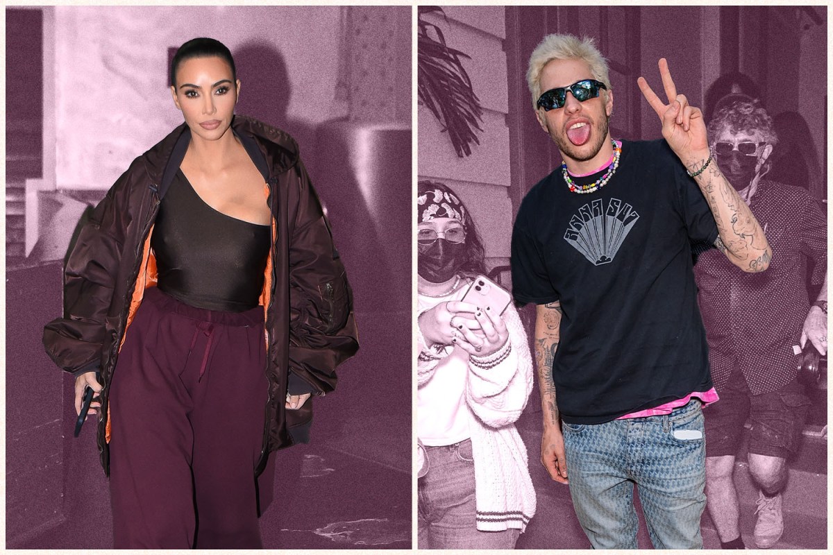 Collage of two photos, one of Kim Kardashian and one of Pete Davidson