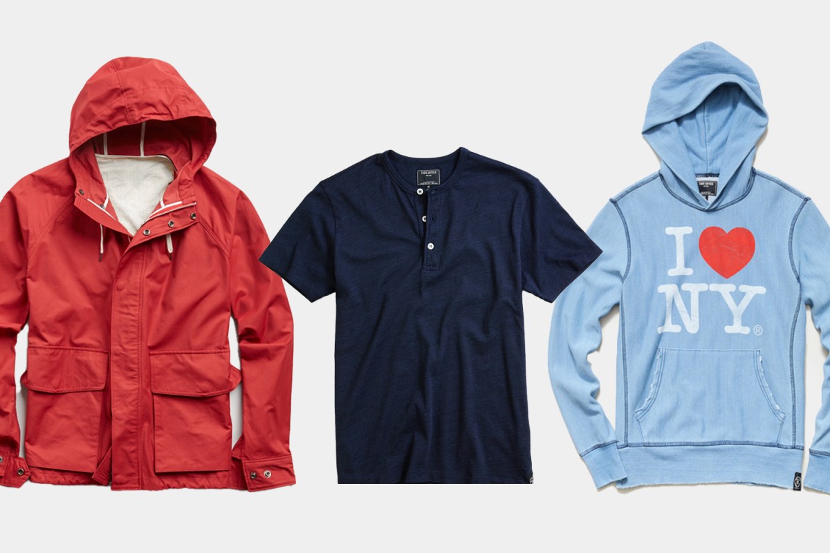 A red Dock Jacket, navy short-sleeve henley and blue I Love NY hoodie from Todd Snyder. The menswear brand just opened up a sale for 4th of July weekend.