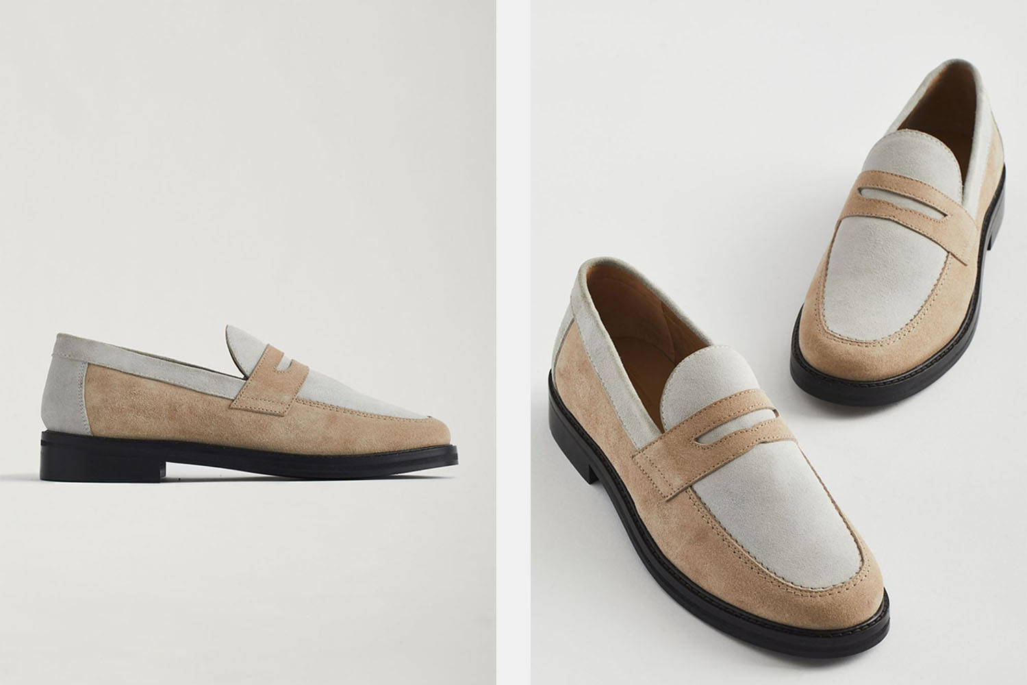 A pair of suede summer loafers from Urban Outfitters on a grey background 