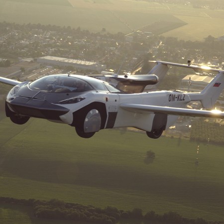 The AirCar flying car from Klein Vision flying between Nitra and Bratislava in Slovakia by inventor Stefan Klein
