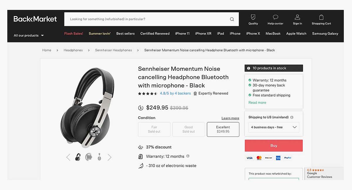 A sample Back Market listing for renewed Sennheiser headphones