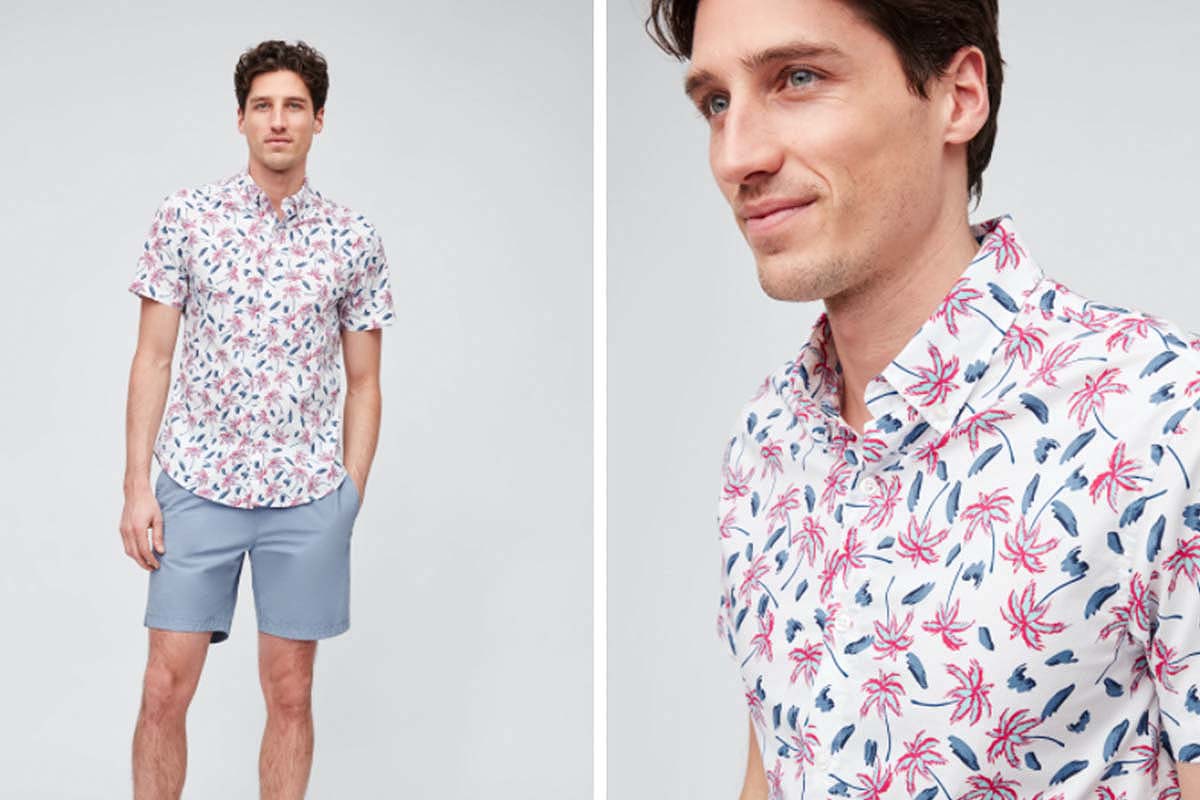 Bonobos Riviera Short Sleeve shirt in "white bold palms" shown in two different views