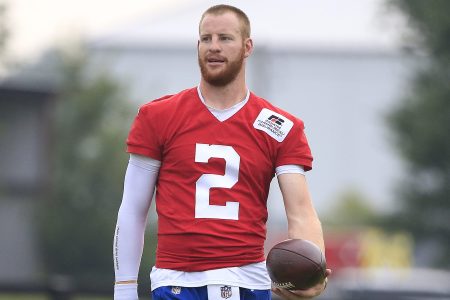 Carson Wentz on the field during training camp with the Indianapolis Colts. The QB injured his foot this week and is out indefinitely.