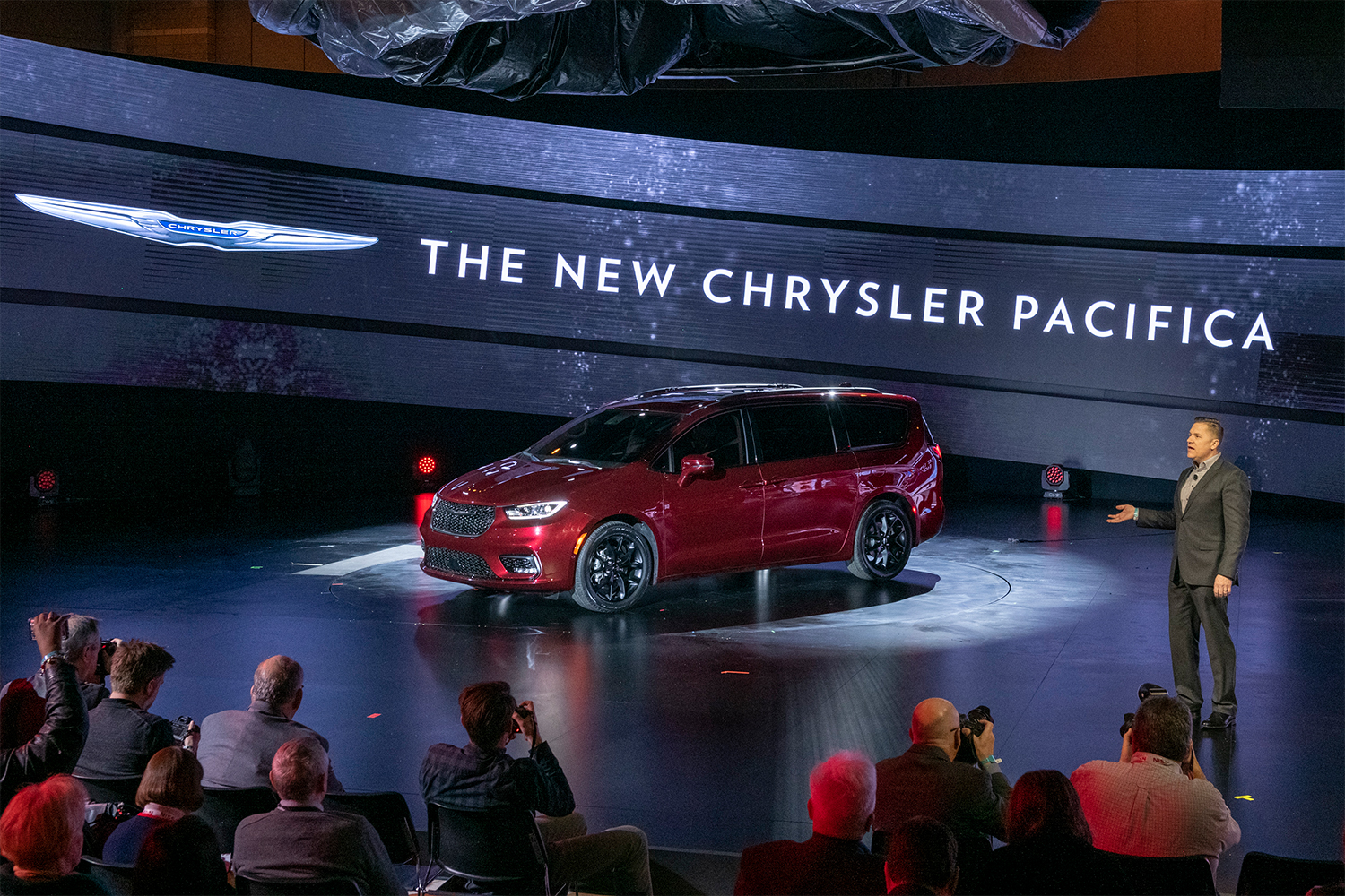 The new Chrysler Pacifica minivan in red debuting at the Chicago Auto Show. Could it be turned into an EV?