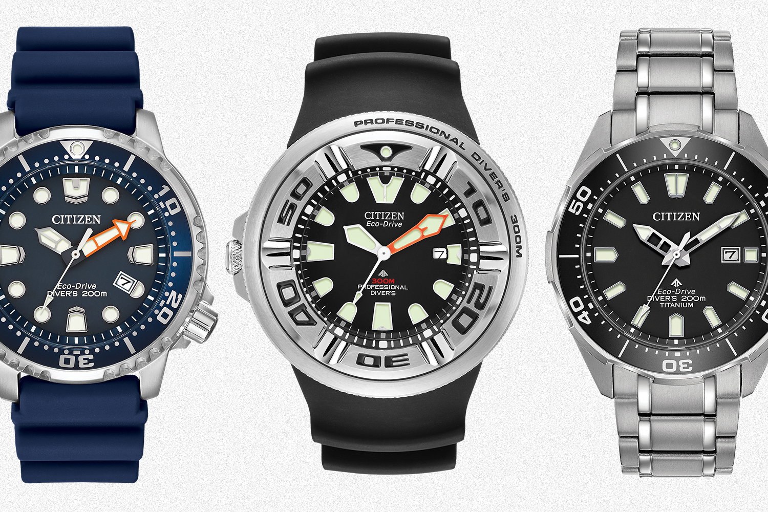 Three different men's dive watches from Citizen