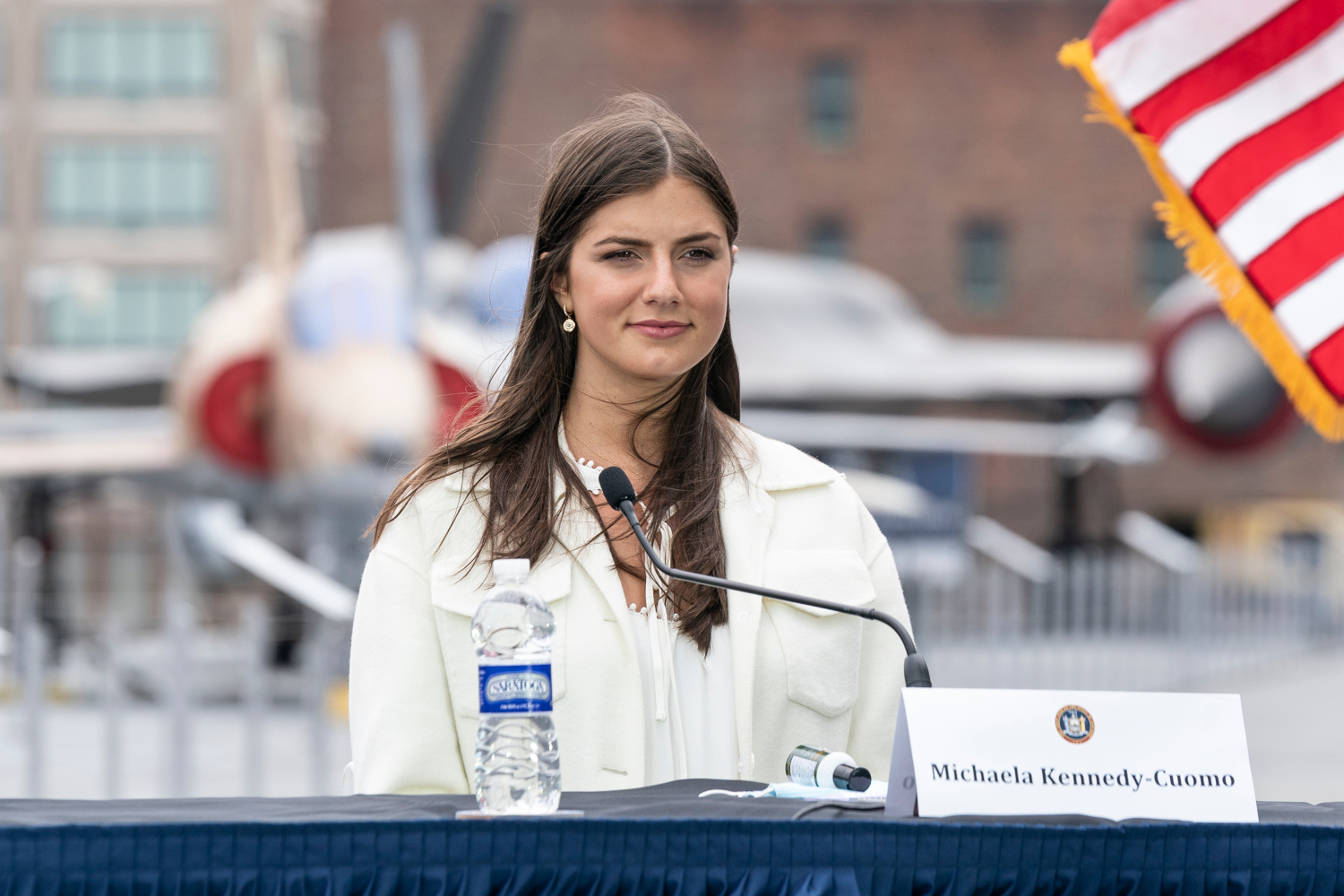 Michaela Kennedy-Cuomo attends Governor Cuomo Announcement and Briefing on COVID-19 Response on Intrepid Sea, Air and Space Museum on Memorial Day. She recently identified as a demisexual during an interview.
