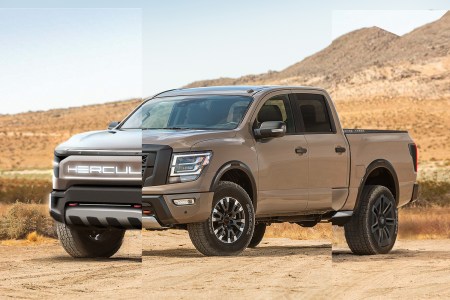 A rendering of an electric truck from Hercules Electric Vehicles next to the Nissan Titan pickup photo it was Photoshopped from