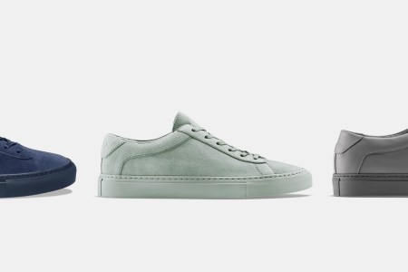 Three different Koio sneakers in blue, teal and grey, all up to 60% off during the summer sale