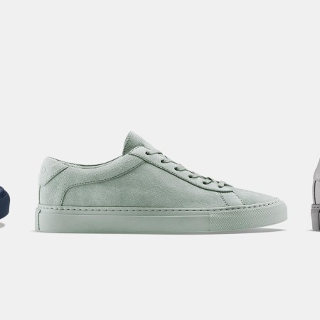 Three different Koio sneakers in blue, teal and grey, all up to 60% off during the summer sale