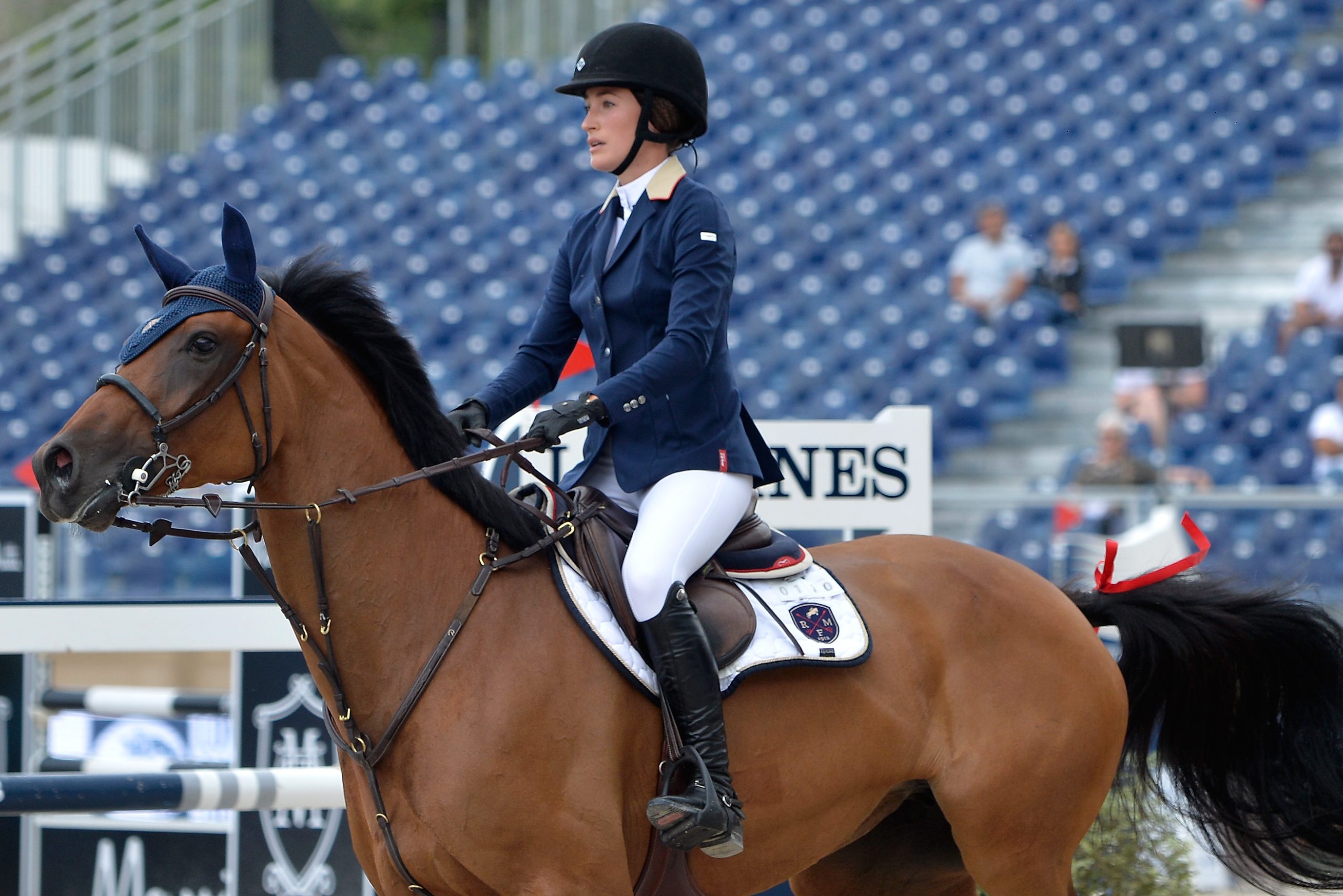 Jessica Springsteen, Bruce Springsteen's daughter, on horseback at the 5th Longines Paris Eiffel Jumping in 2018 in Paris