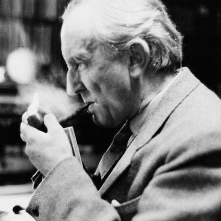 J.R.R. Tolkien smoking a pipe at Oxford in December 1955, a couple years after he completed his translation of "Sir Gawain and the Green Knight."