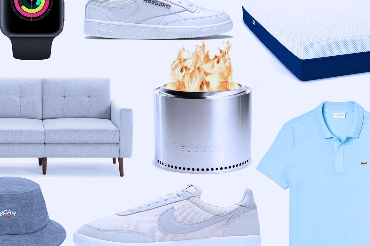 A collage featuring a Solo Stove, a Burrow couch, Nike sneakers, a mattress and a polo shirt, all of which are part of our favorite Fourth of July sales