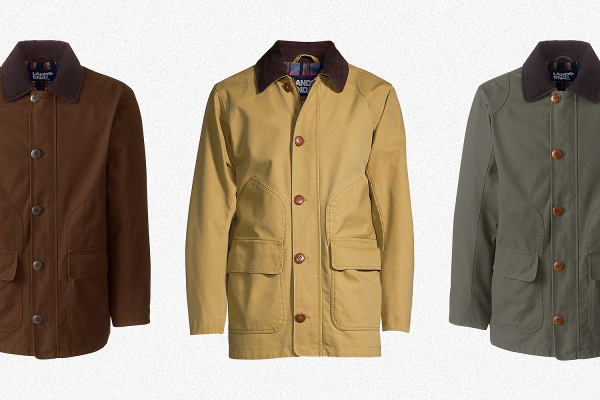 Three versions of Lands' End's men's Barn Coat, in Squire Brown, Field Drab and Forest Moss. The fall jacket is on sale for up to 63% off.