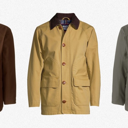 Three versions of Lands' End's men's Barn Coat, in Squire Brown, Field Drab and Forest Moss. The fall jacket is on sale for up to 63% off.