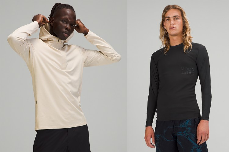 Two models wearing clothes from the new Moon Drift collection from Lululemon, designed in collaboration with big wave surfer Mark Healey