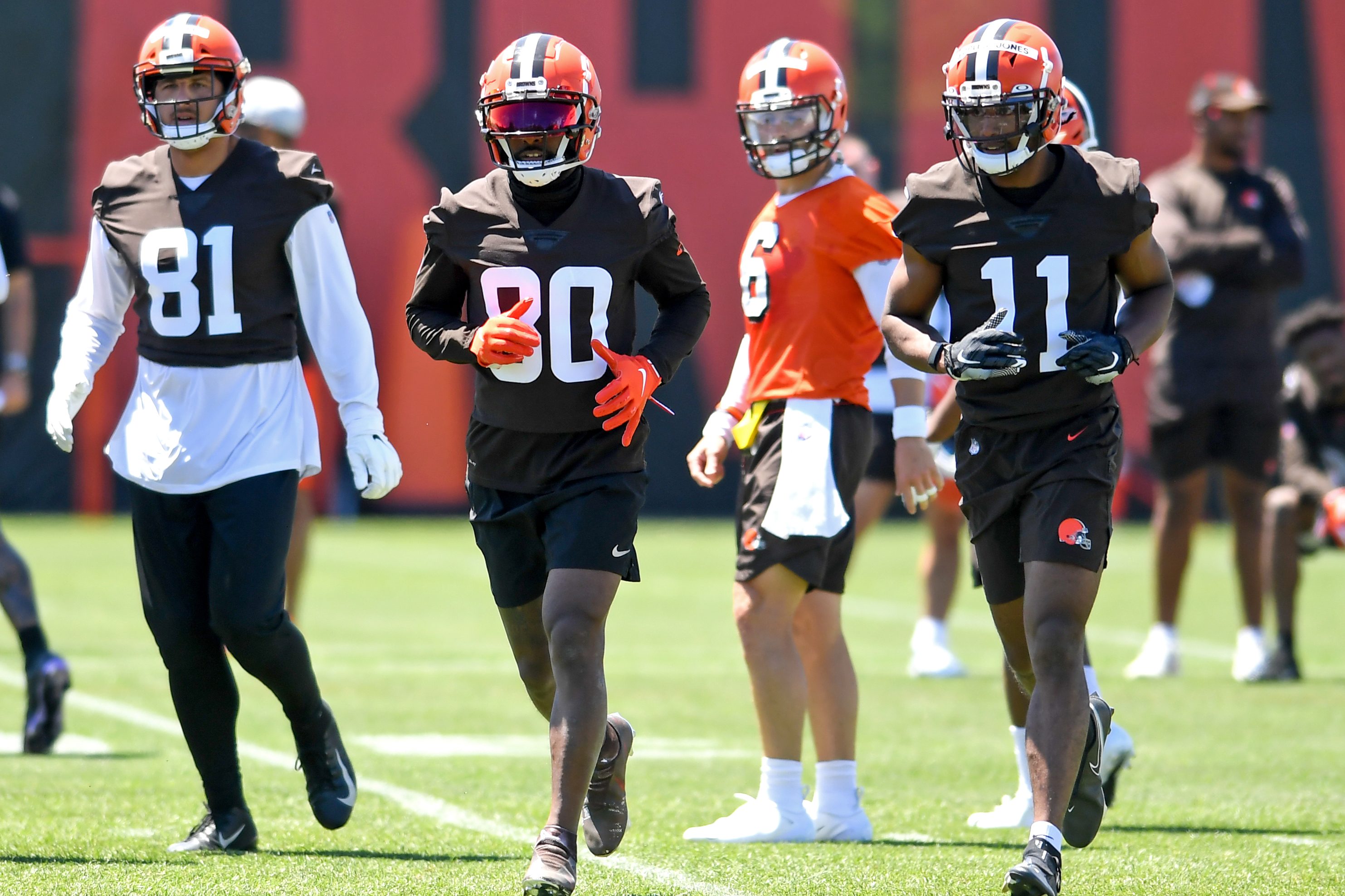 Cleveland Browns wide receivers run a drill during minicamp in June.  