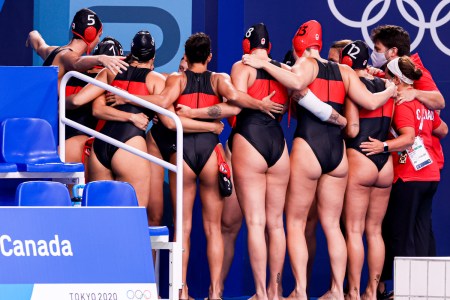 Team Canada during the Tokyo 2020 Olympic Waterpolo Tournament Women match between Team Spain and Team Canada at Tatsumi Waterpolo Centre on July 26, 2021 in Tokyo, Japan