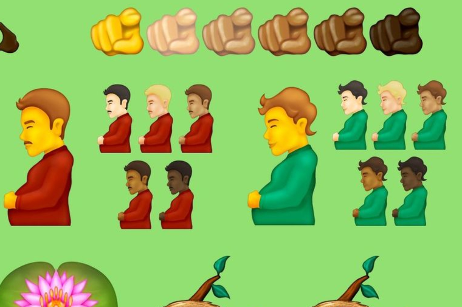 pregnant man and pregnant person emojis shown in various skintones