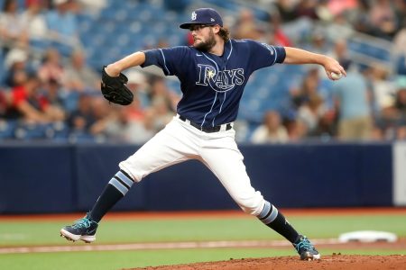 Josh Fleming of the Tampa Bay Rays pitches as part of a no-hitter against the Cleveland Indians