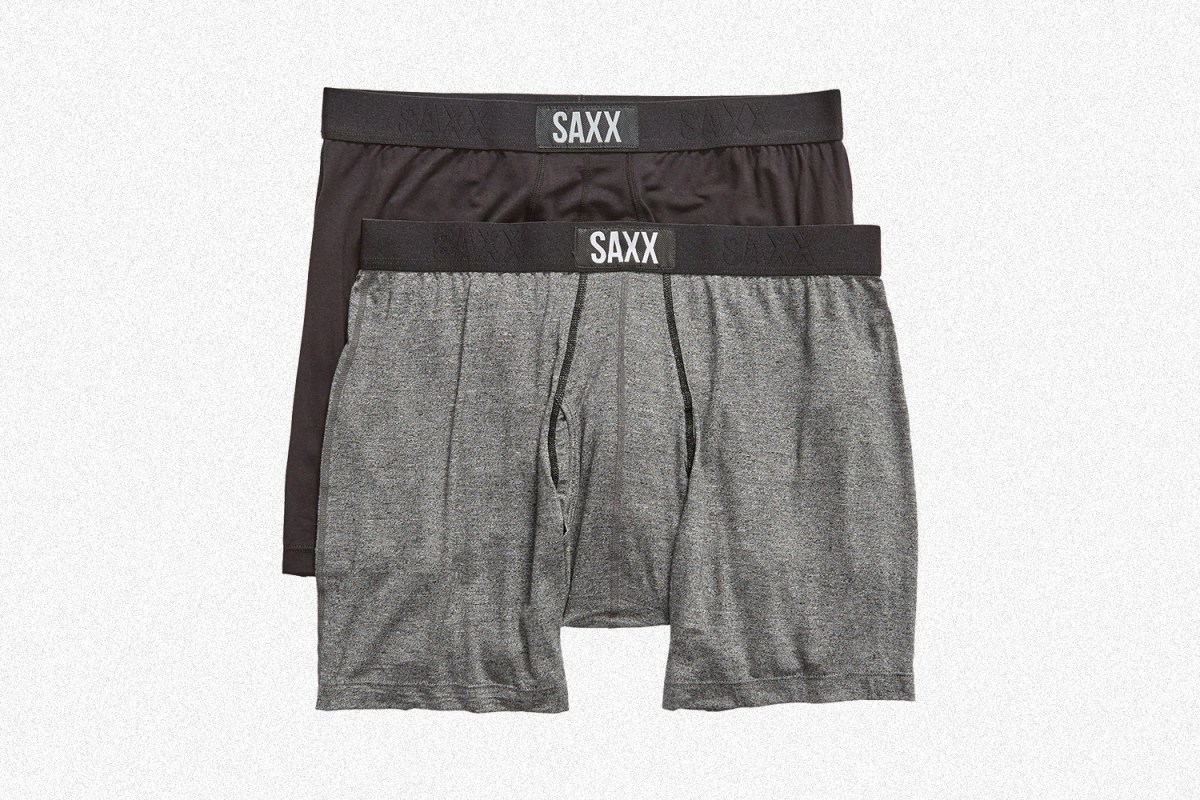 A two-pack of Saxx's men's boxer briefs in black and grey. They're on sale at Nordstrom right now.