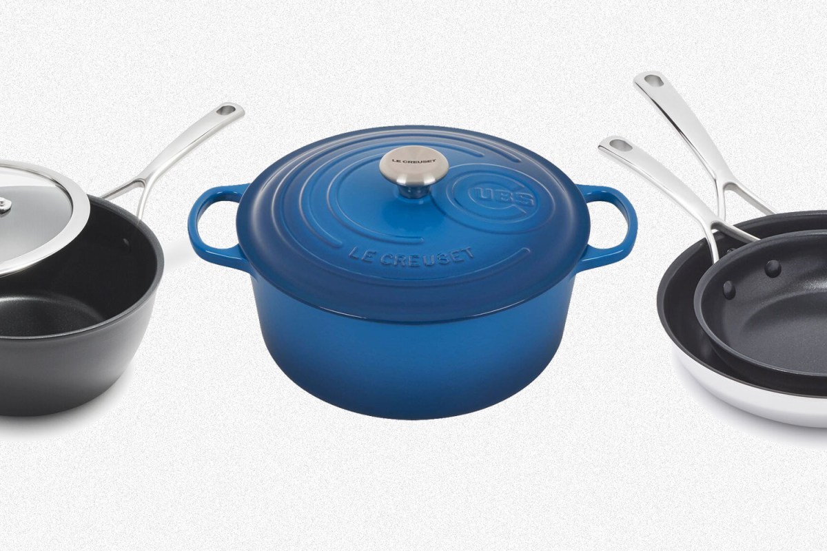 Nonstick pans from Sur La Table's La Marque brand and a blue Cubs branded MLB Dutch oven from Le Creuset