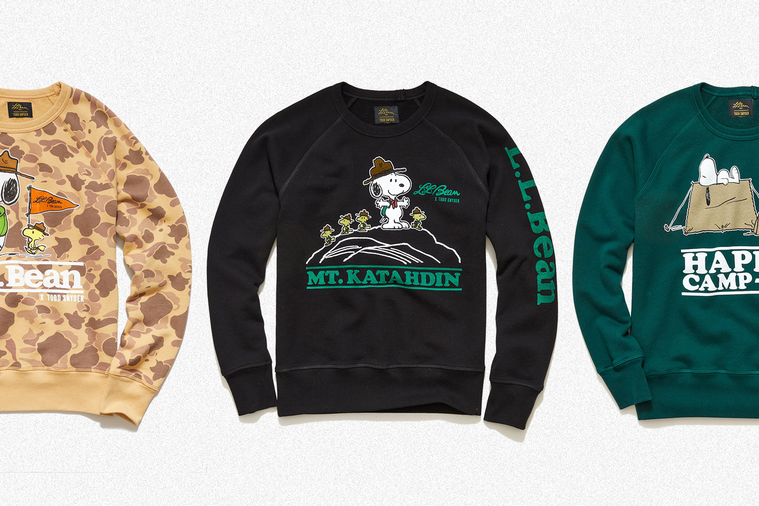 Camo, black and green sweatshirts with Snoopy and Woodstock. The Todd Snyder, L.L.Bean and Peanuts collaboration styles are on sale.