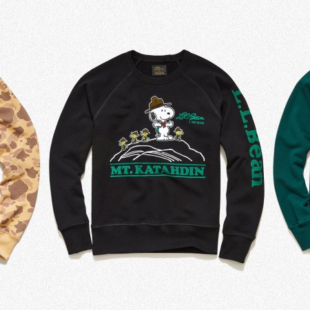 Camo, black and green sweatshirts with Snoopy and Woodstock. The Todd Snyder, L.L.Bean and Peanuts collaboration styles are on sale.