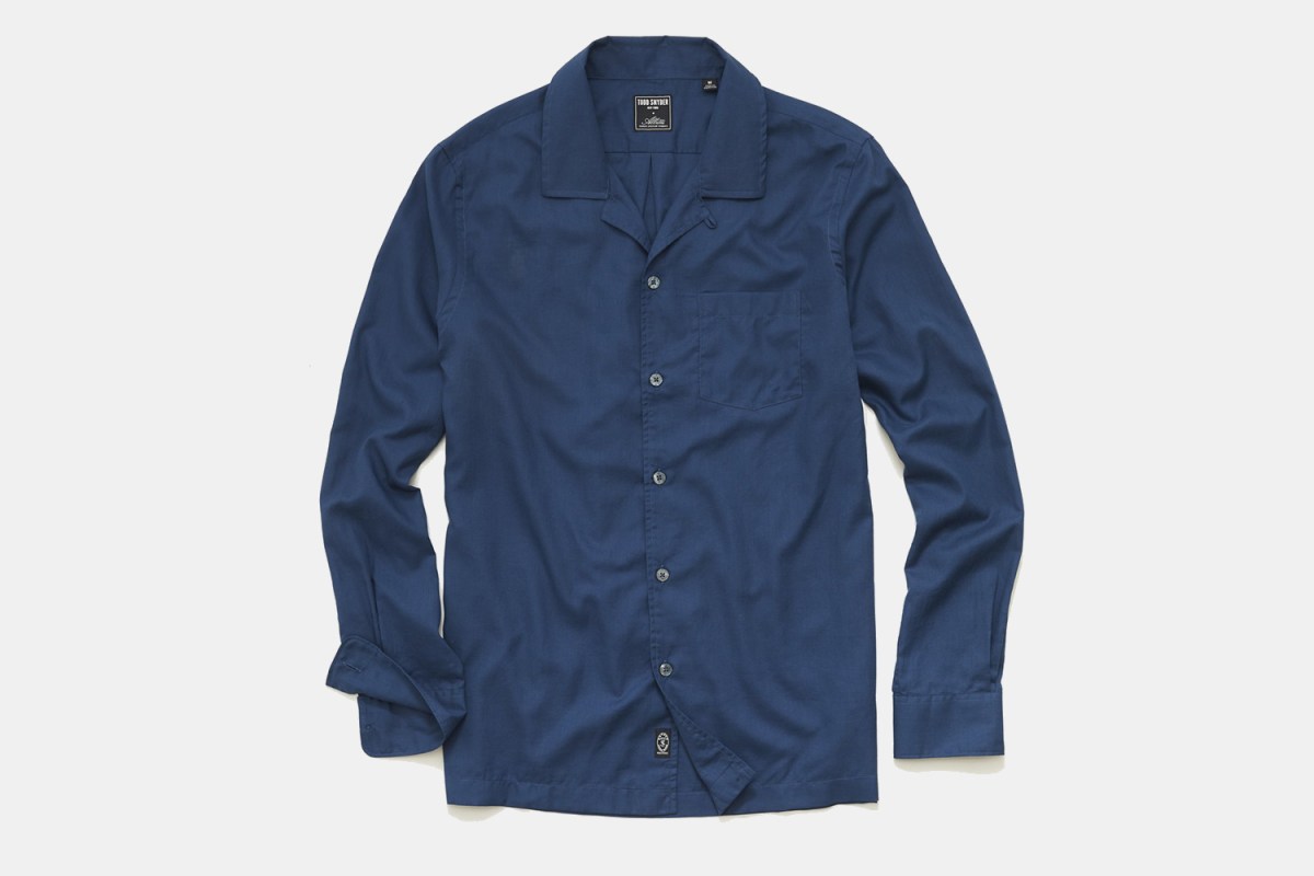 Todd Snyder Twill Camp Collar Shirt in blue. The summer layer is on sale.
