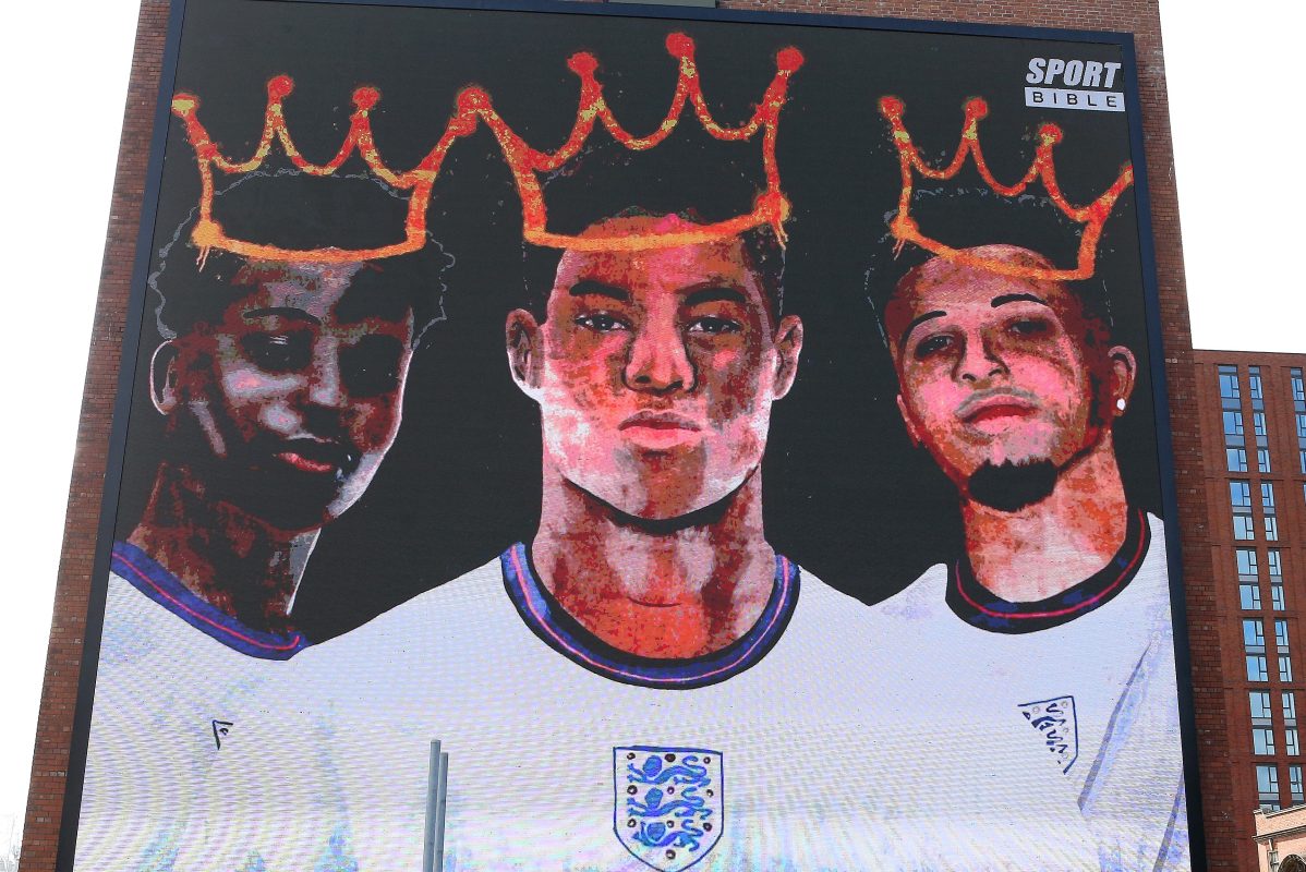 A digital mural unveiled in support of Black English soccer players Marcus Rashford, Jadon Sancho and Bukayo Saka